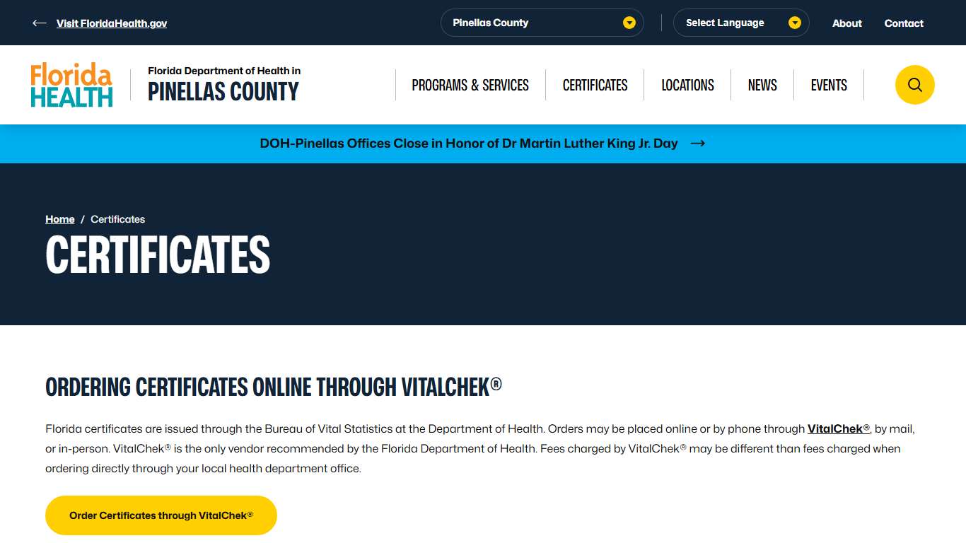 Certificates - Florida Department of Health in Pinellas County